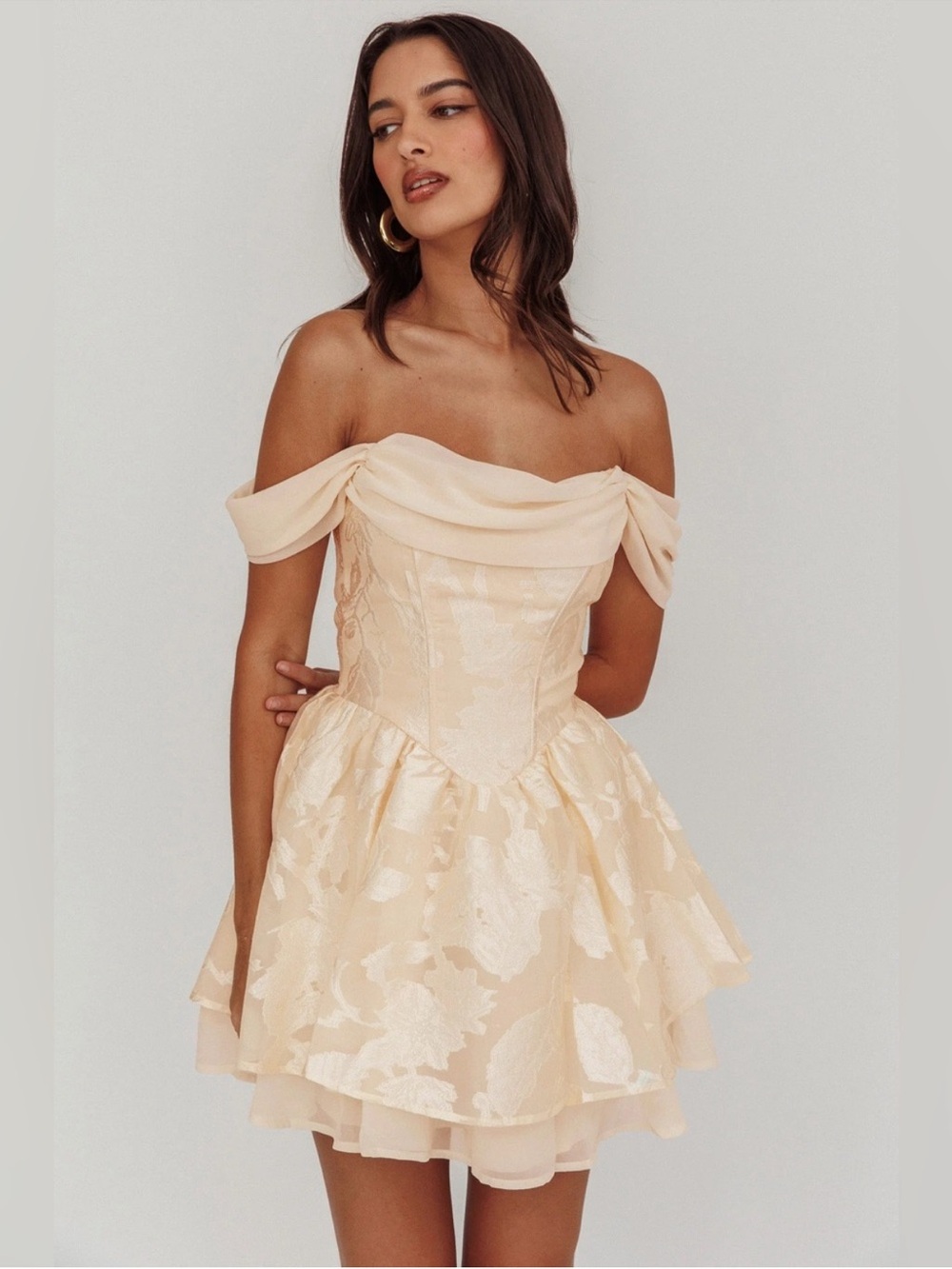 Selfie Leslie Strapless Floral Jacquard Mini Dress in Peach Cream